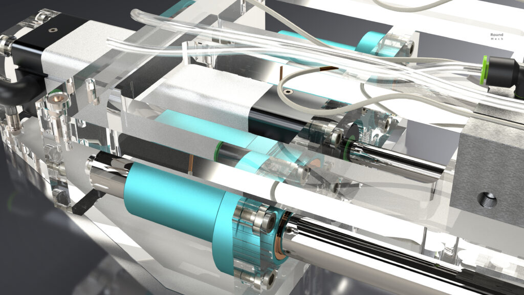 Pneumatic system with one double acting cylinder and two grippers at the top.